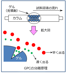 ゲル浸透クロマトグラム（GPC）の分離原理図
