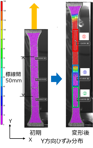 引張試験片でのY方向ひずみ分布